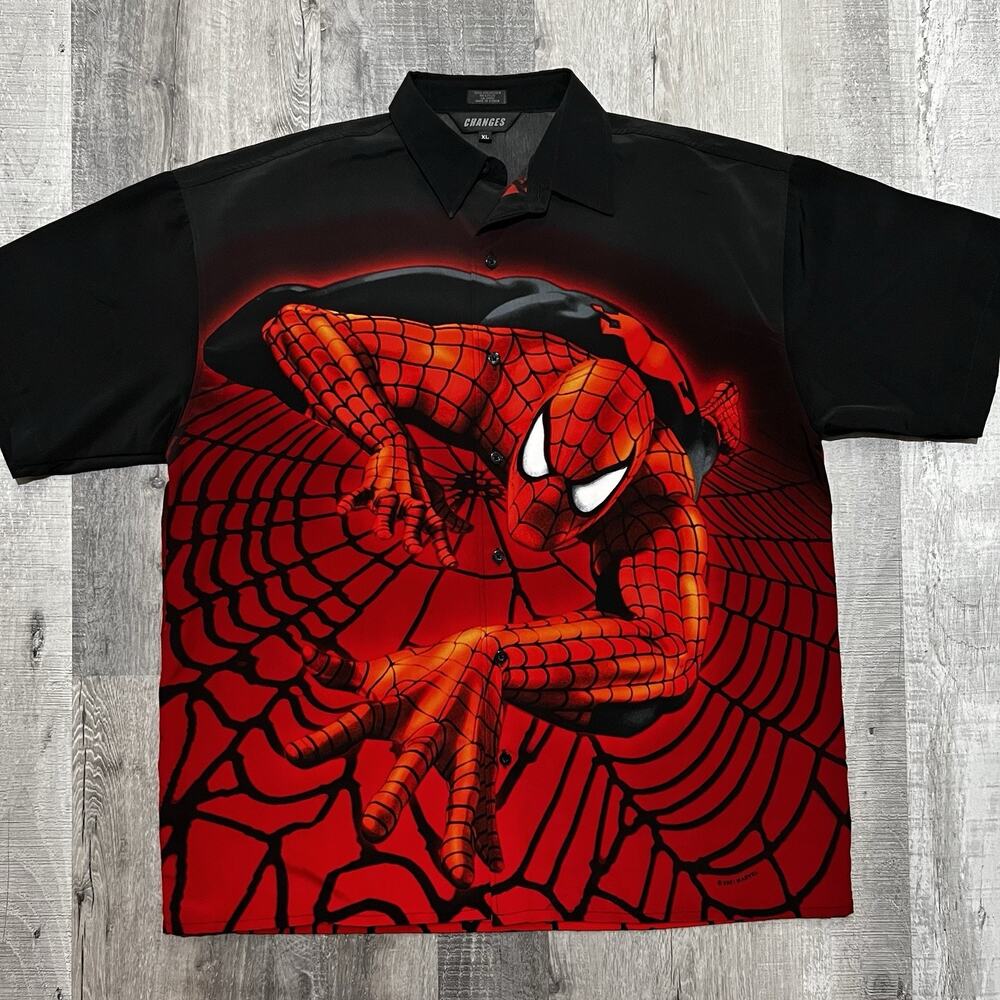 VTG Spiderman Button Shirt AOP Changes Red/Black Super Hero Marvel Comics Sz XL0